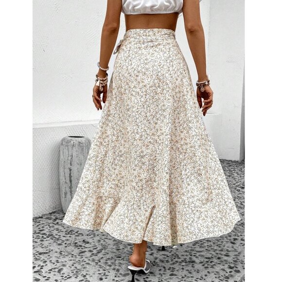 boho floral print ruffle wrap skirts maxi cream - Picture 2 of 2